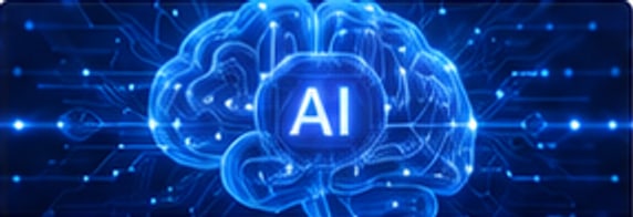 Abstract illustration of a glowing blue brain labelled AI
