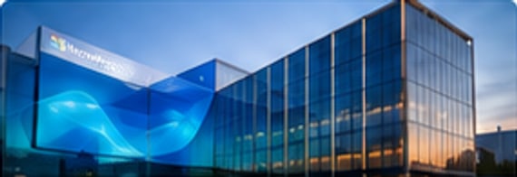 Modern glass building with a flowing blue facade
